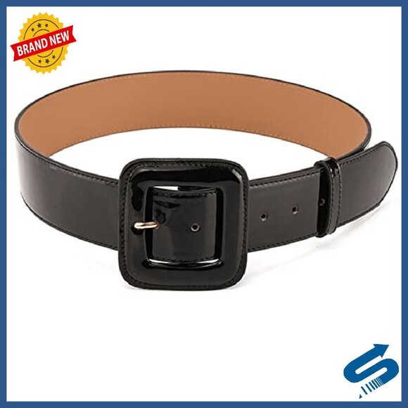 Wide Patent Leather Belt with Square Buckle, Adjustable 27-37 Inch Waist
